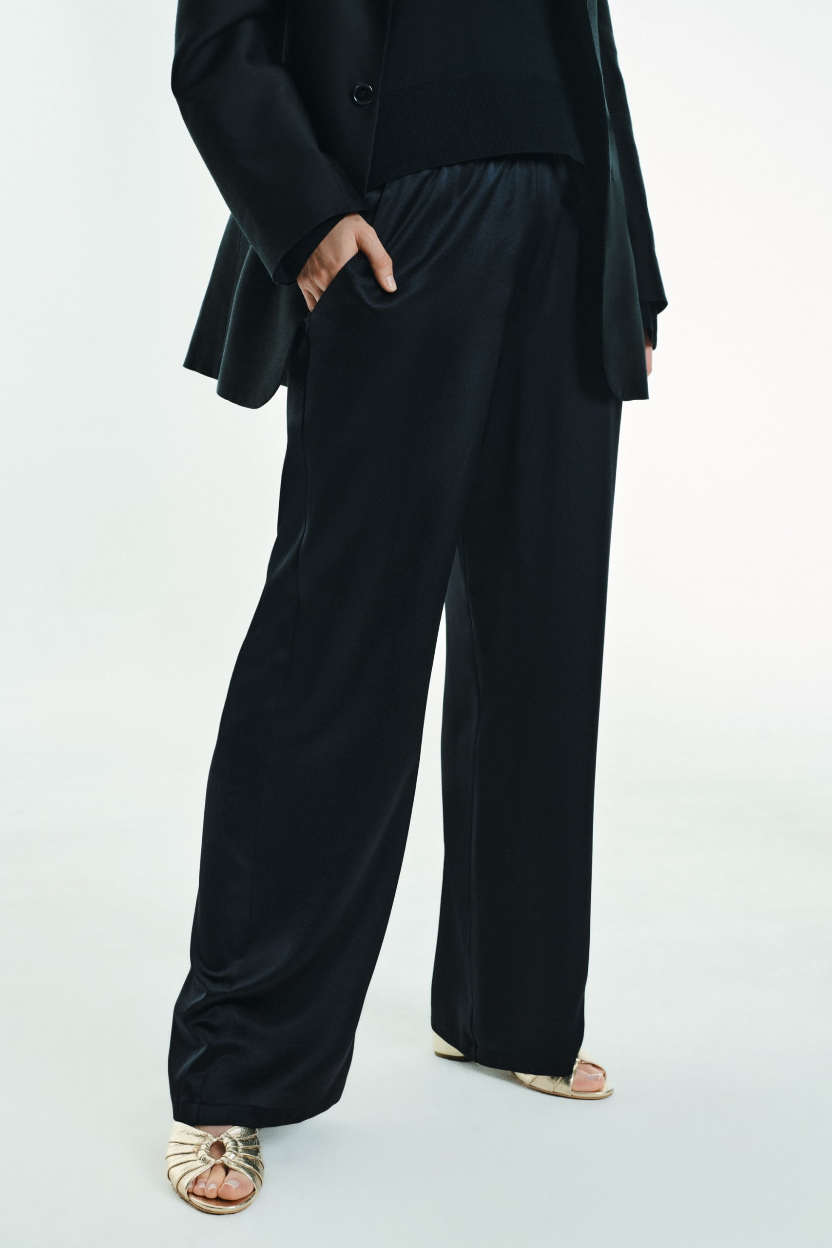Straight-leg Silk Satin Trousers in black