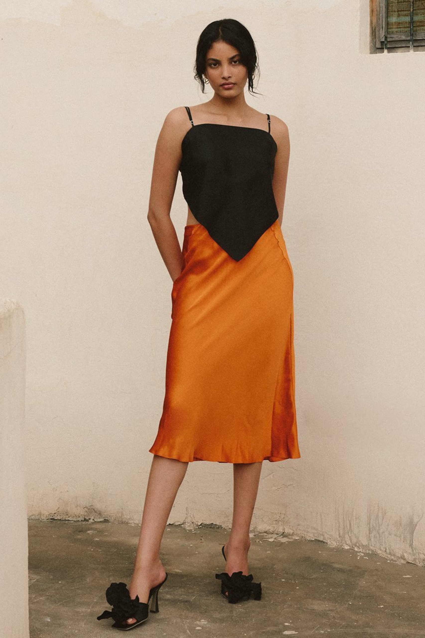 Silk Midi Skirt in orange