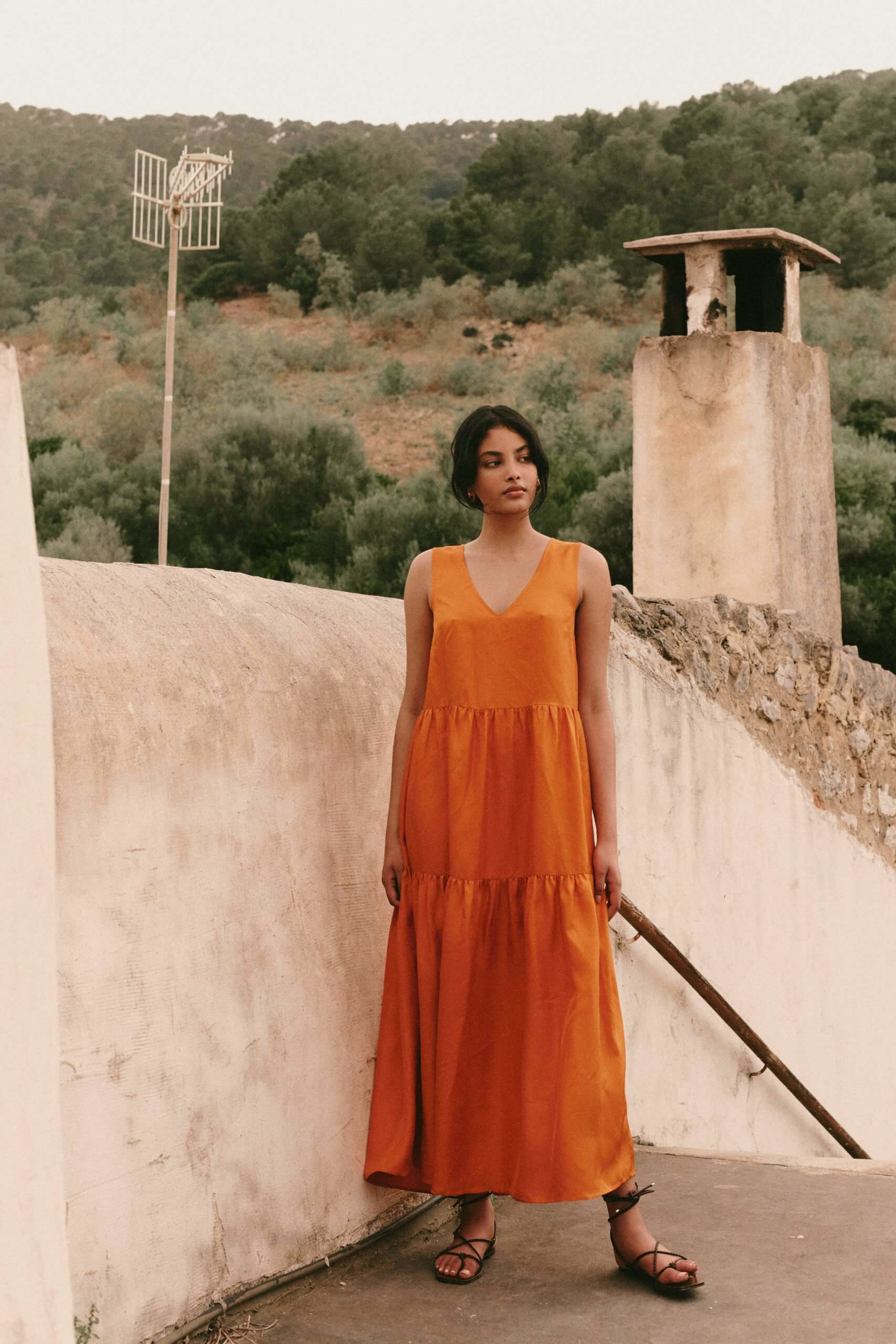 Silk dress with pockets orange