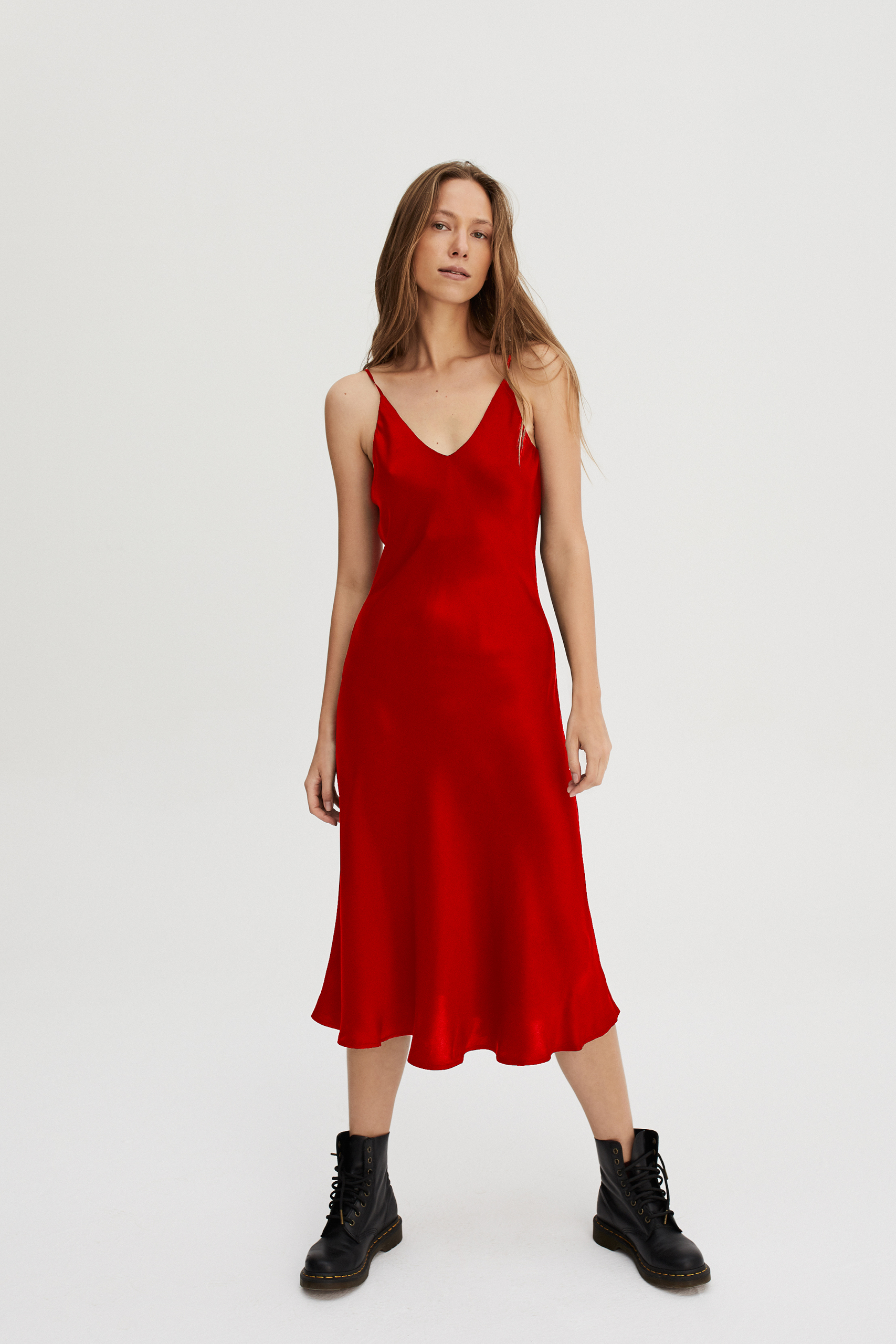 Silk Midi Dress in Red