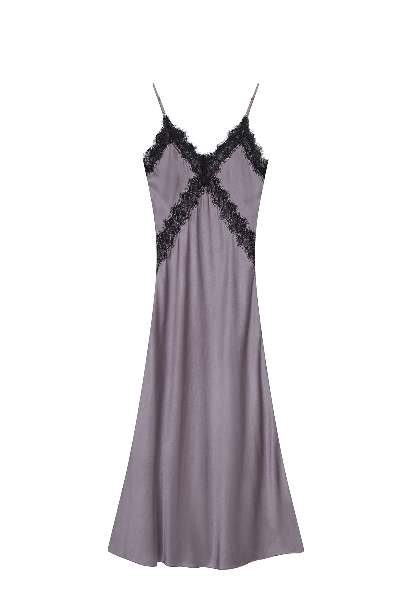 SILVER SILK EVENING GOWN WITH LACE