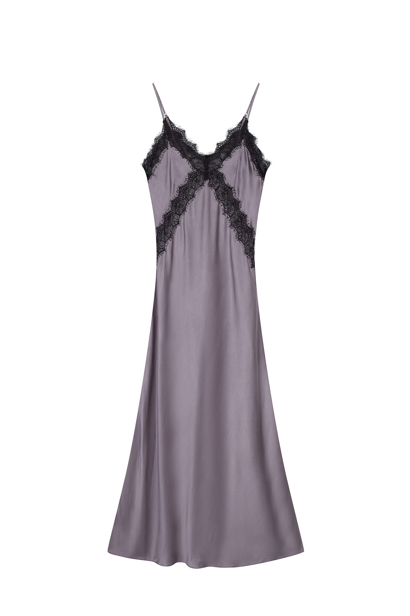 SILVER SILK EVENING GOWN WITH LACE