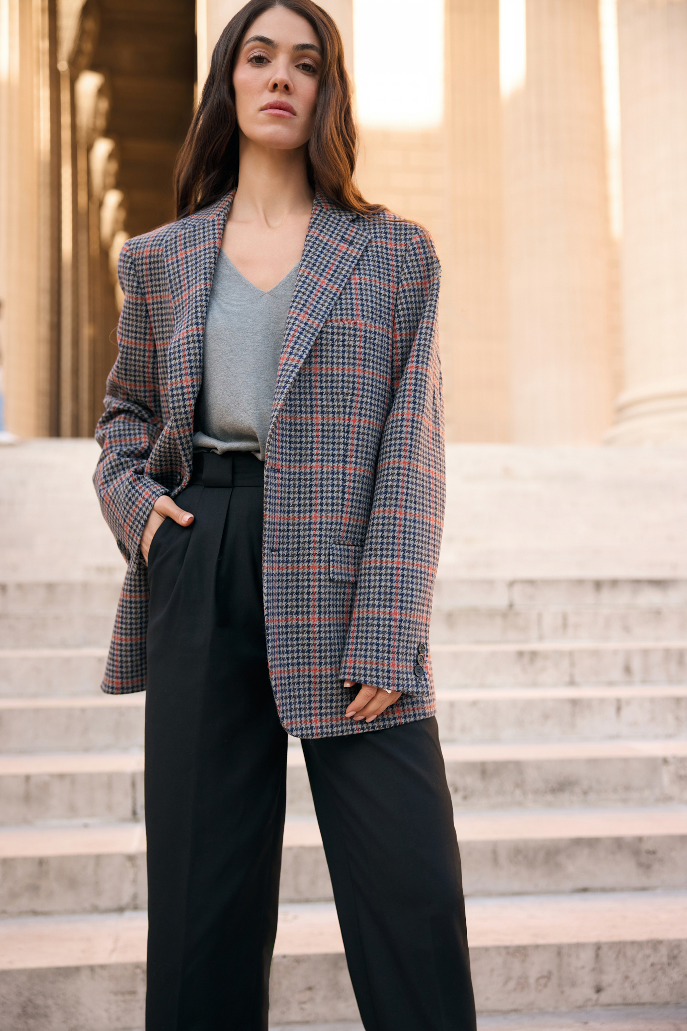 WOOL BLAZER WITH SILK LINING IN NAVY HOUNDSTOOTH PATTERN