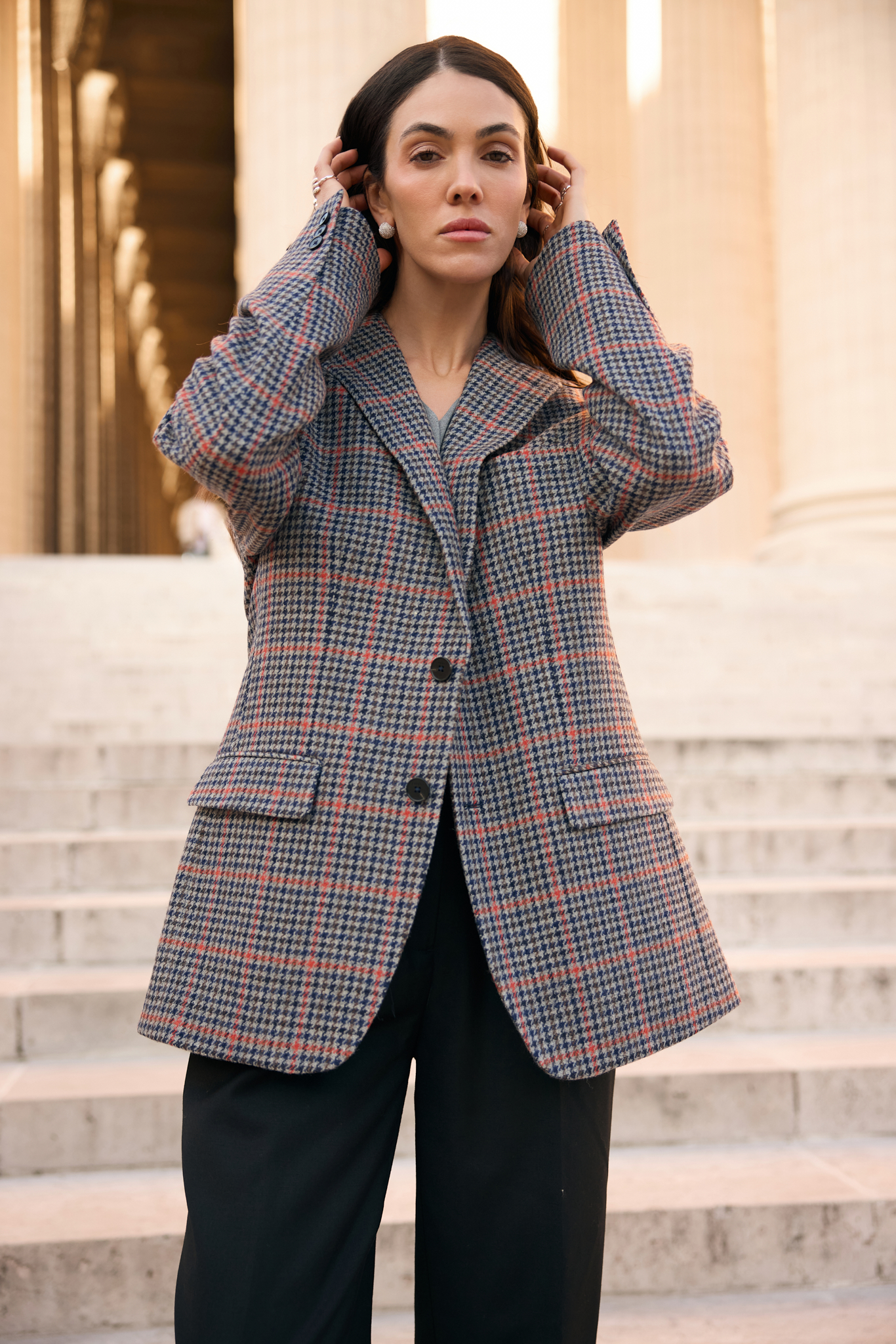 WOOL BLAZER WITH SILK LINING IN NAVY HOUNDSTOOTH PATTERN