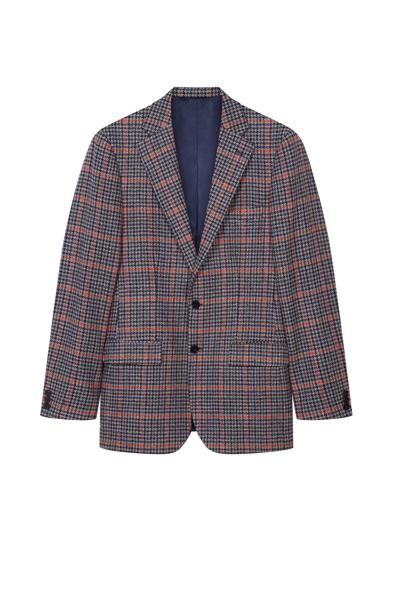 WOOL BLAZER WITH SILK LINING IN NAVY HOUNDSTOOTH PATTERN