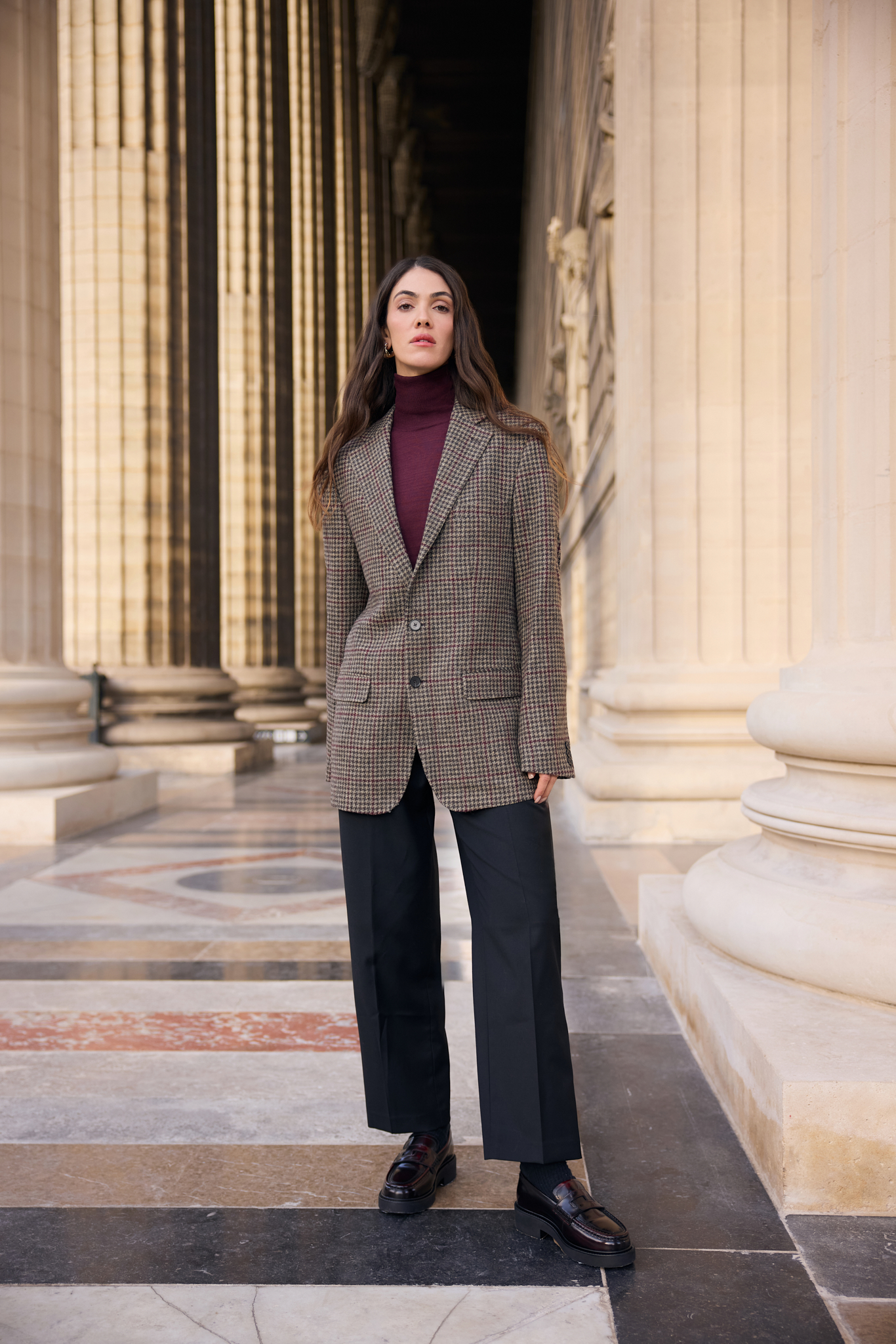 WOOL BLAZER WITH SILK LINING IN GREY HOUNDSTOOTH PATTERN