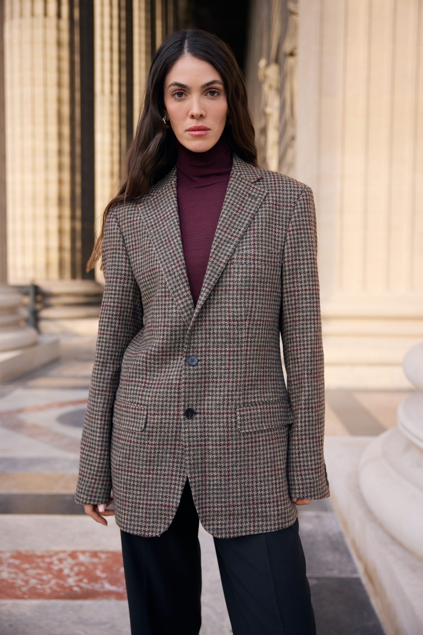 WOOL BLAZER WITH SILK LINING IN GREY HOUNDSTOOTH PATTERN