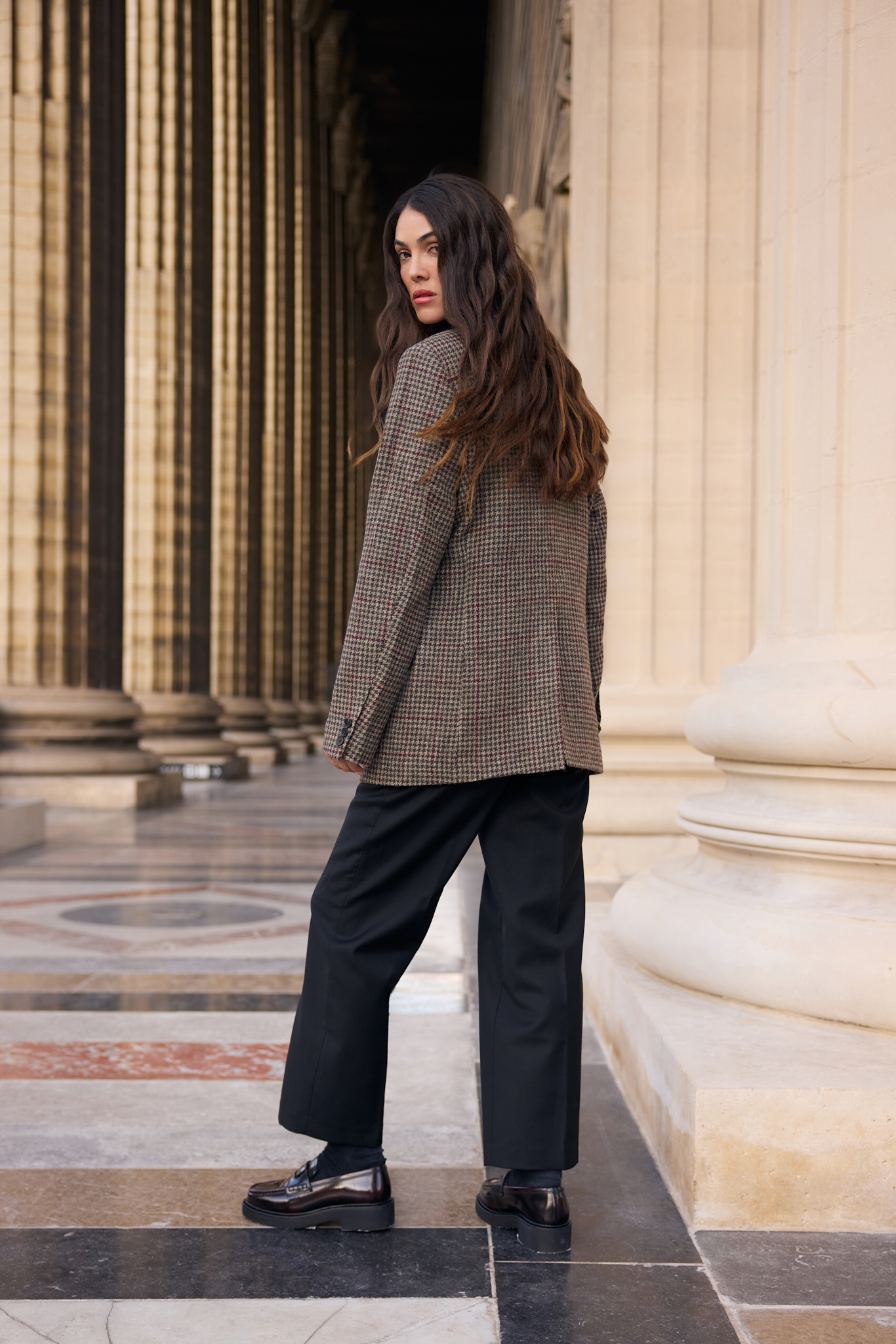 WOOL BLAZER WITH SILK LINING IN GREY HOUNDSTOOTH PATTERN