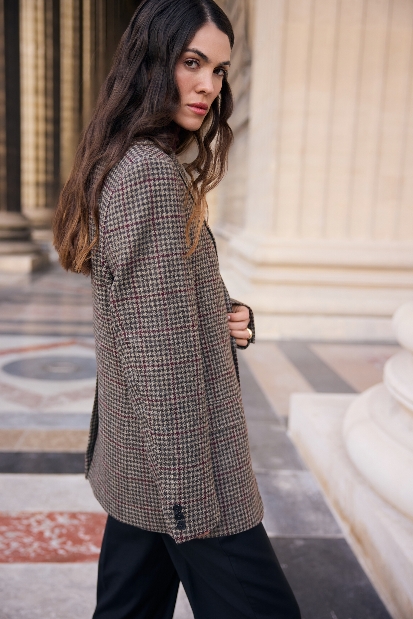 WOOL BLAZER WITH SILK LINING IN GREY HOUNDSTOOTH PATTERN