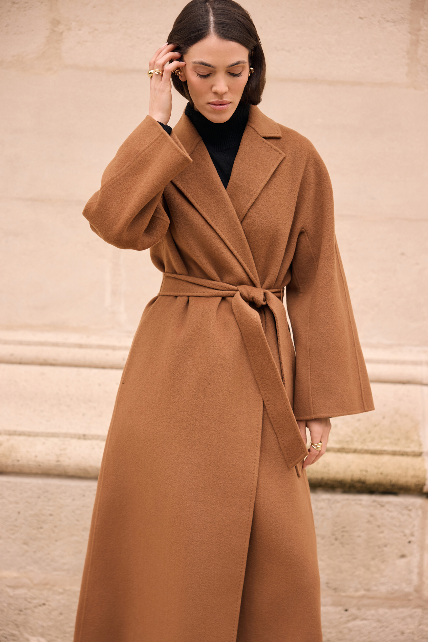 WOOL COAT WITH CASHMERE AND SILK IN TOBACCO